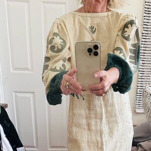 Boho Embroidered Maxi Dress in Natural and Forest Green Hand Made Printed size S